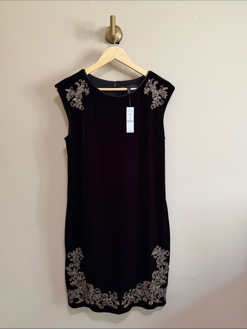 White House Black Market Black Velvet Sheath Dress with Gold Embroidery
